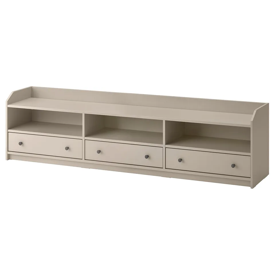Hågua tv bench, beige. Three drawers, wide, wall-safe design.