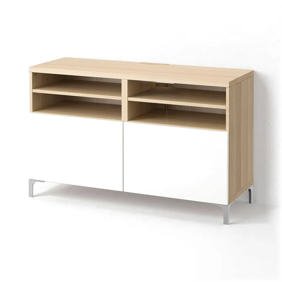 BESTÅ TV bench with doors, white stained oak effect/Selsviken/Nannarp high-gloss/white, 120x42x74 cm