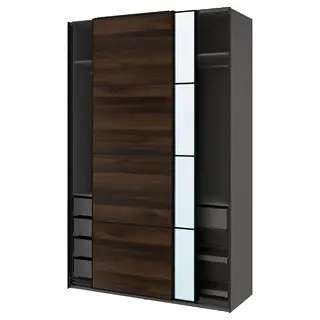 PAX / MEHAMN/AULI wardrobe with sliding doors, dark grey black/dark brown oak effect mirror glass, 150x66x236 cm