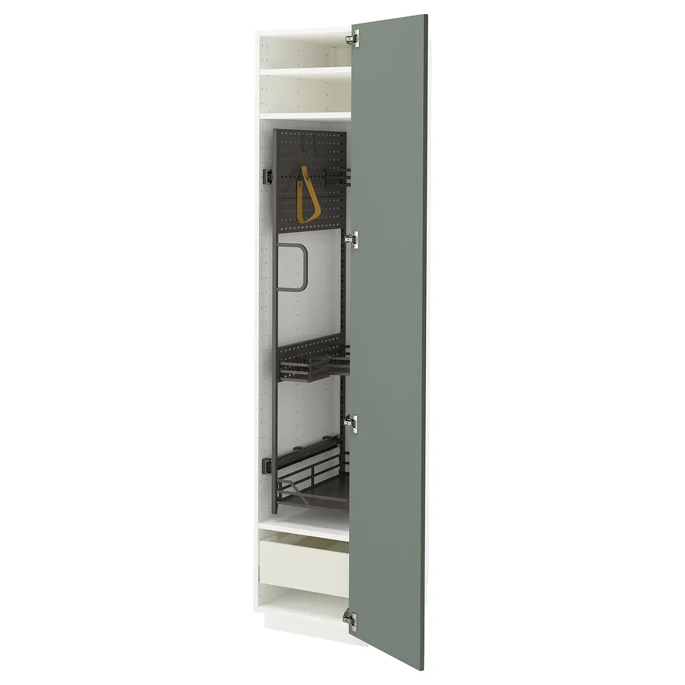 Open green-gray METOD kitchen cabinet with shelves and hooks.
