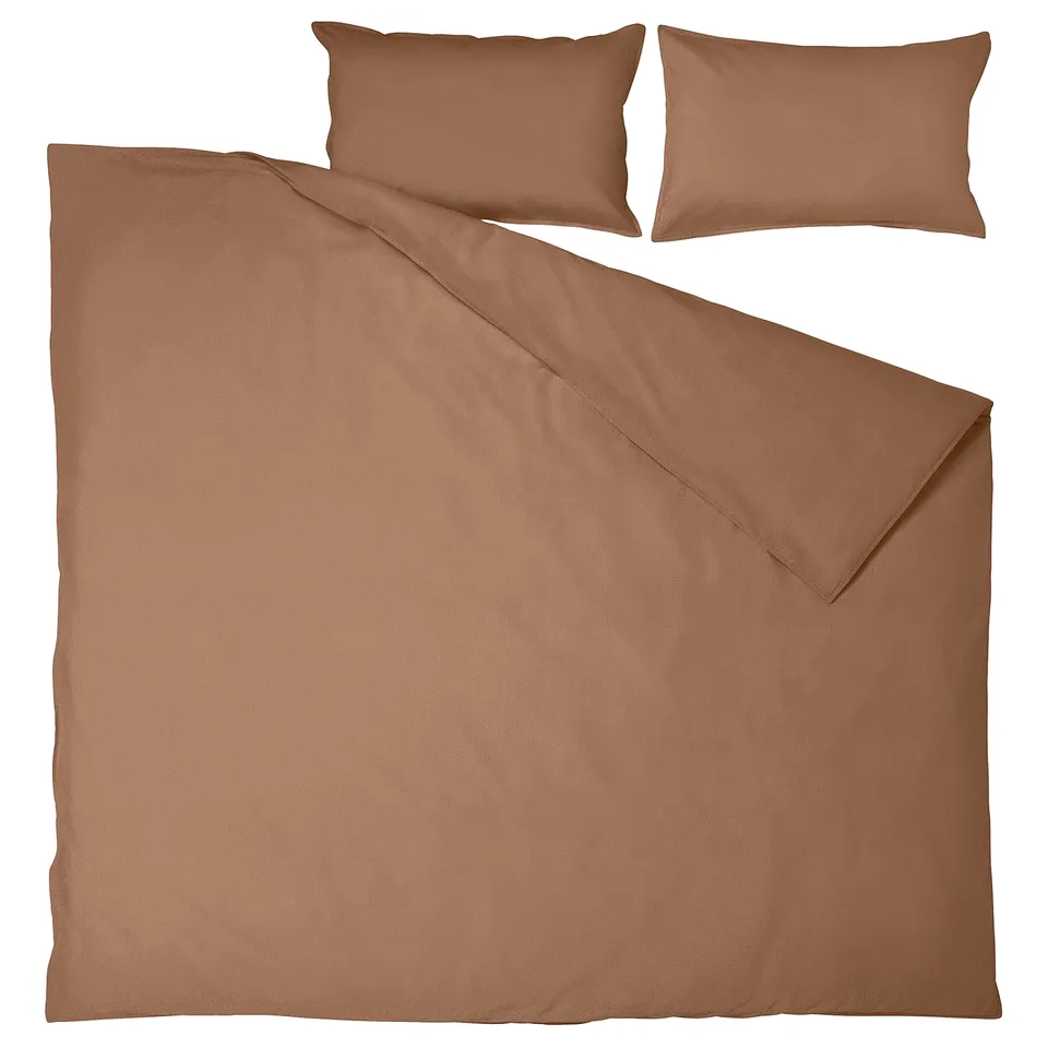 Brown bedding set: duvet & 2 pillowcases, soft recycled cotton.