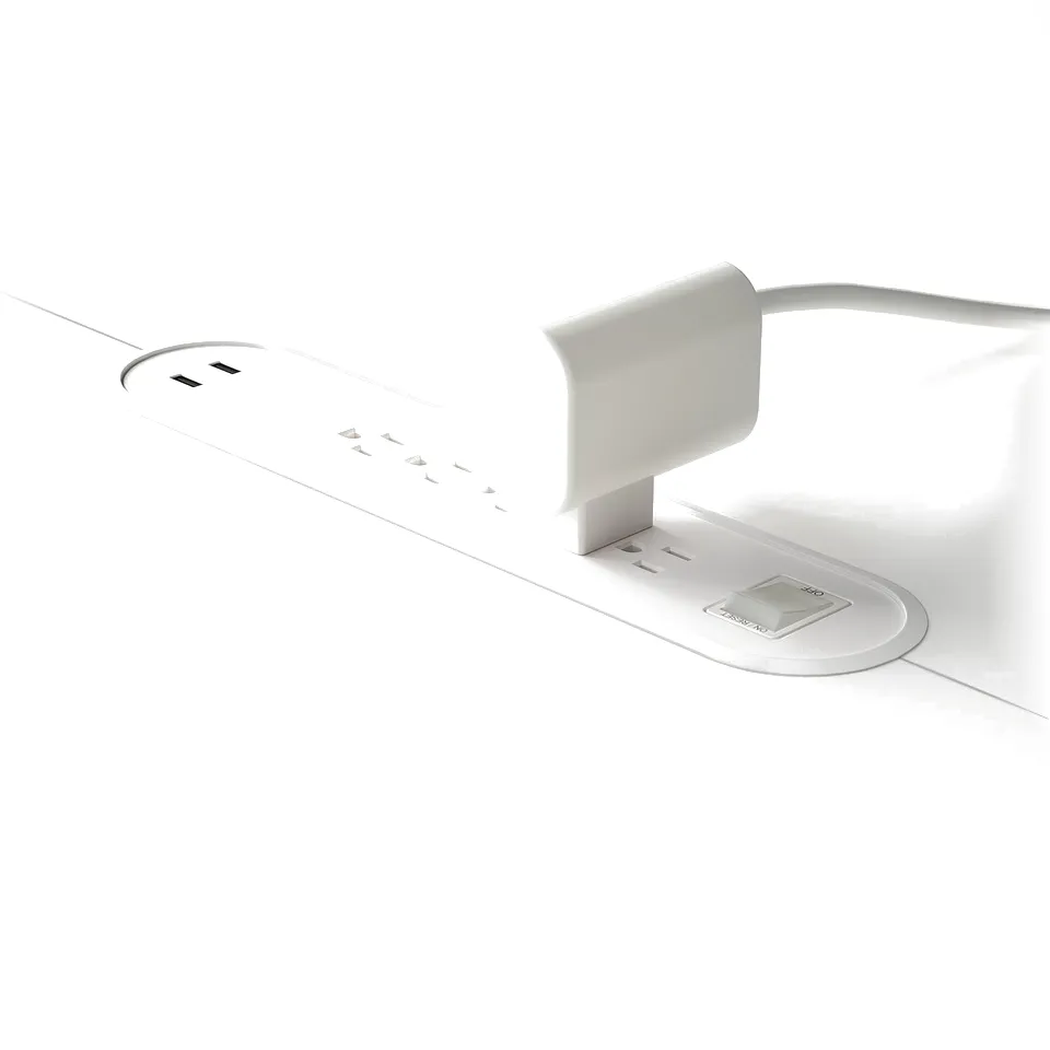 White conference table with built-in power sockets and cable management system.