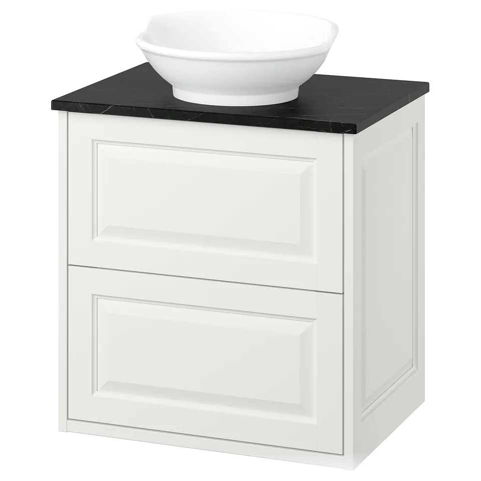 White bathroom vanity, classic design, black marble top, round sink, wall-mounted, 2 drawers