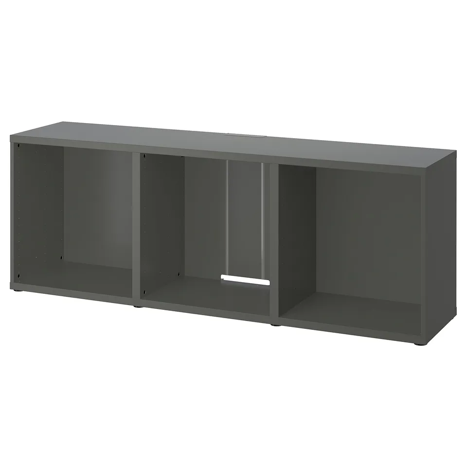 A rectangular, dark grey BESTÅ tv stand, crafted with fibreboard and paper foil, featuring a minimalist and modern design.