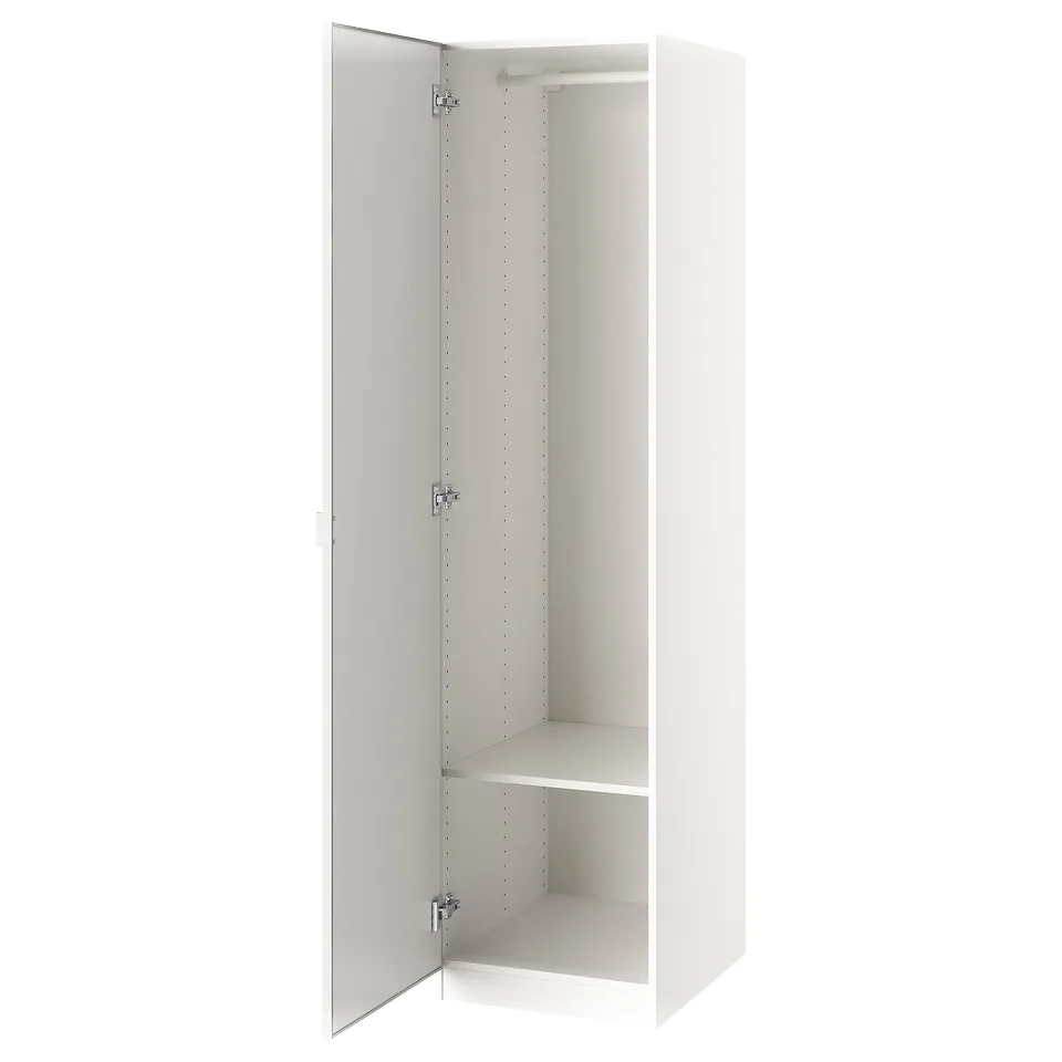 An open white ikea PAX wardrobe with a mirror door, offering storage space inside.