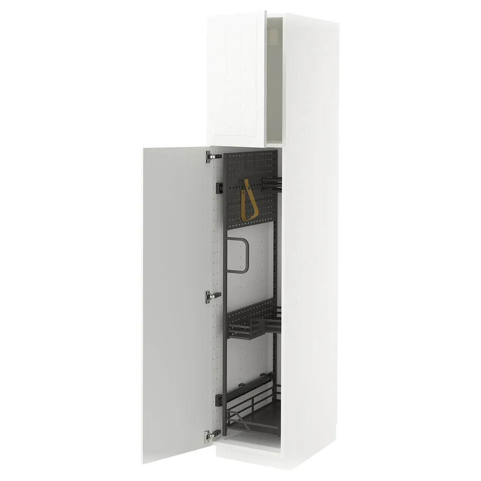 Open white METOD kitchen cabinet, showing pull-out baskets and hooks.