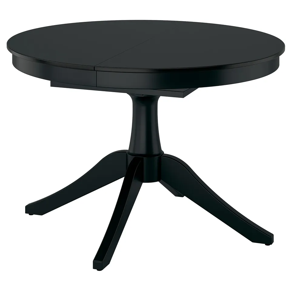 Black ROSENTORP extendable round dining table, 4 legs, melamine top, space-saving design.
