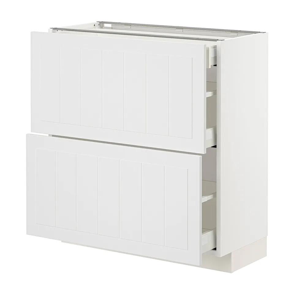 METOD kitchen cabinet in white with two drawers and two doors, featuring a smooth, rectangular design and sturdy particleboard construction.