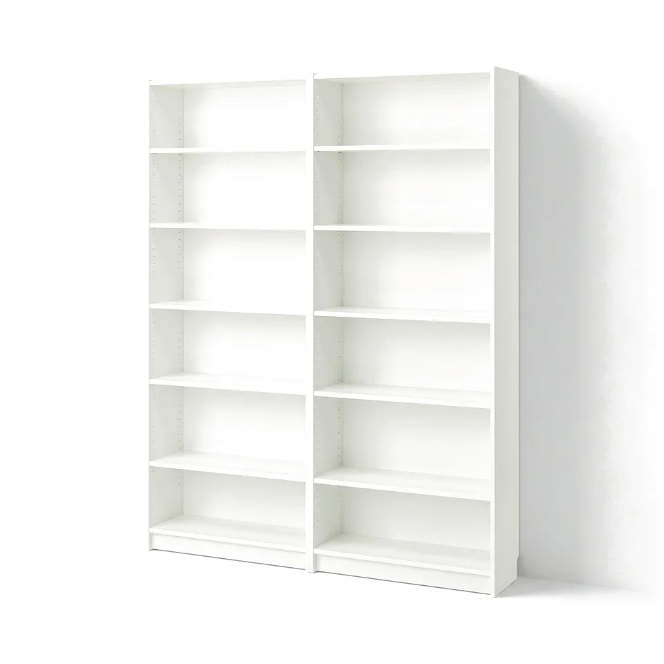 A white BILLY bookshelf. Its rectangular, empty, and made of particleboard. The design is simple with multiple adjustable shelves.