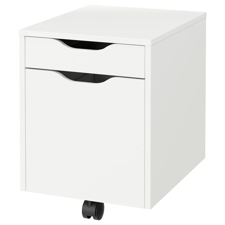 A white ALEX drawer unit with two drawers and black handles, featuring a sleek modern design.