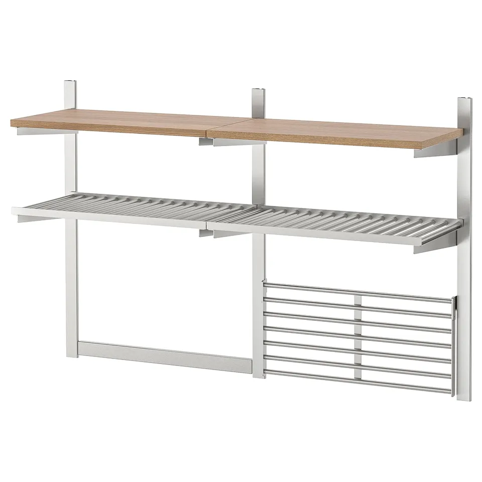 KUNGSFORS, a multi-level wall storage unit in silver and wood. It has shelves and a magnetic rack for knives, designed for durable kitchen storage.