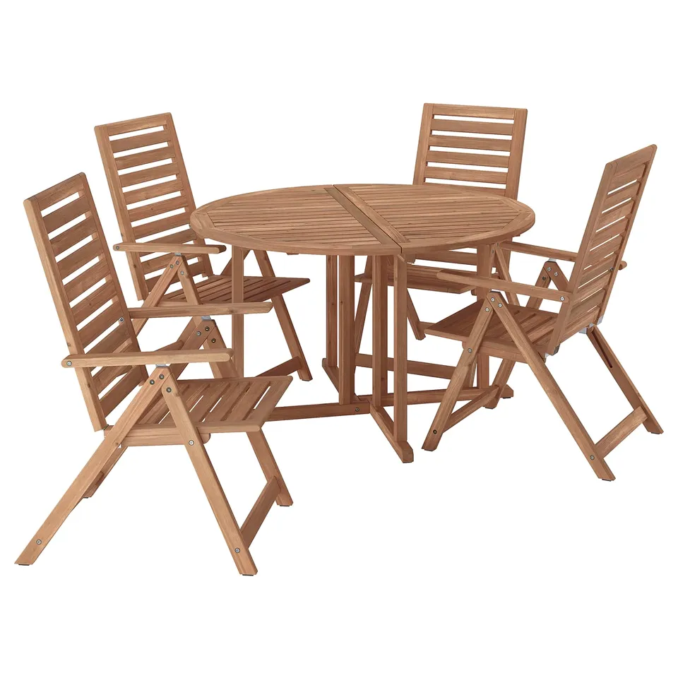 Picnic set with round table and four folding chairs, made of light brown acacia wood.