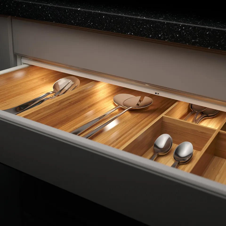 Open drawer reveals wood-lined compartments with organised metallic spoons and ladles. Soft led light illuminates contents.
