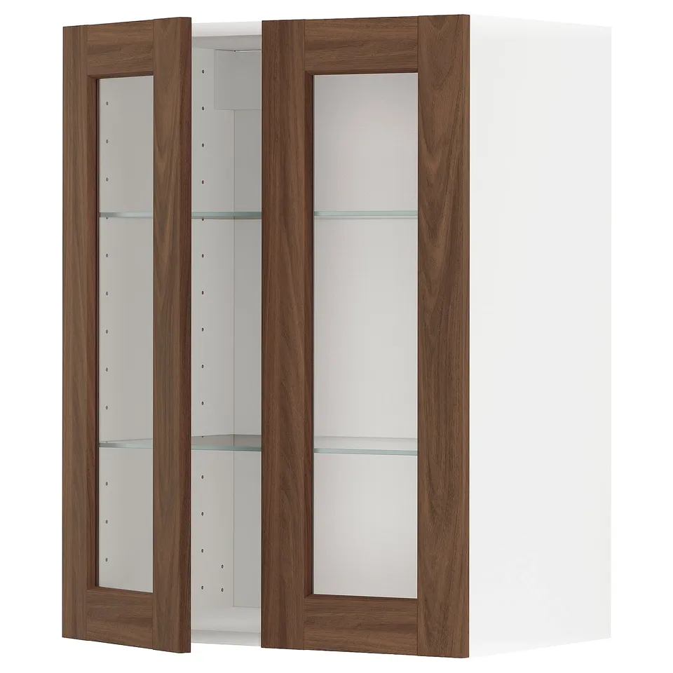Modern kitchen cabinet with walnut doors and glass shelves.