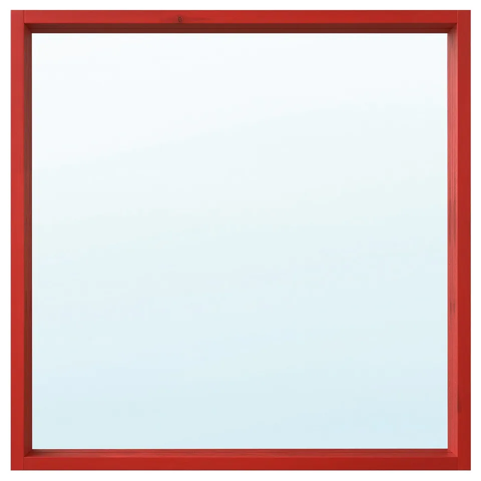 Square red-framed mirror with visible grain, solid pine, safety film.