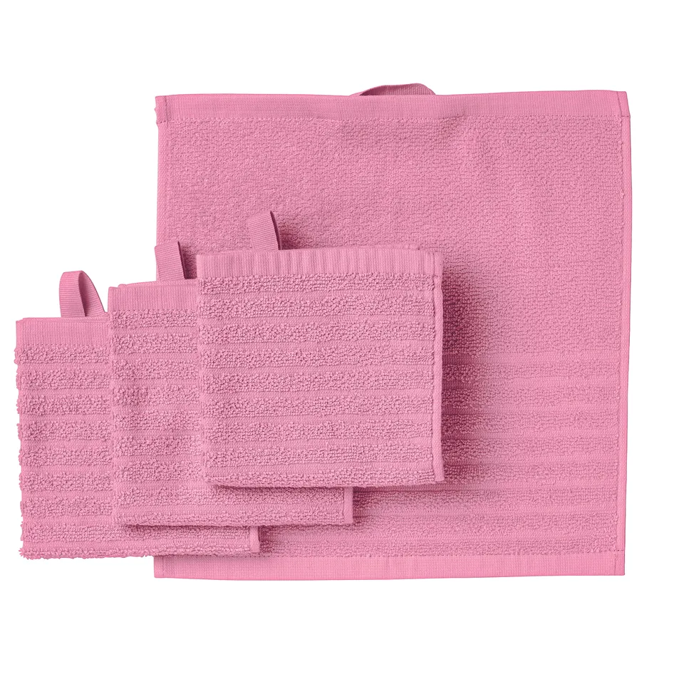 Set of pink VÅGSJÖN towels in various sizes, neatly folded with ribbed texture and terry surface, perfect for bathroom use.