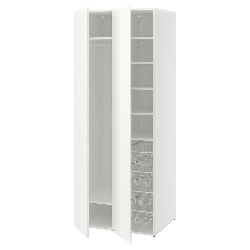 A white LASTARE wardrobe with shelves and wire baskets.