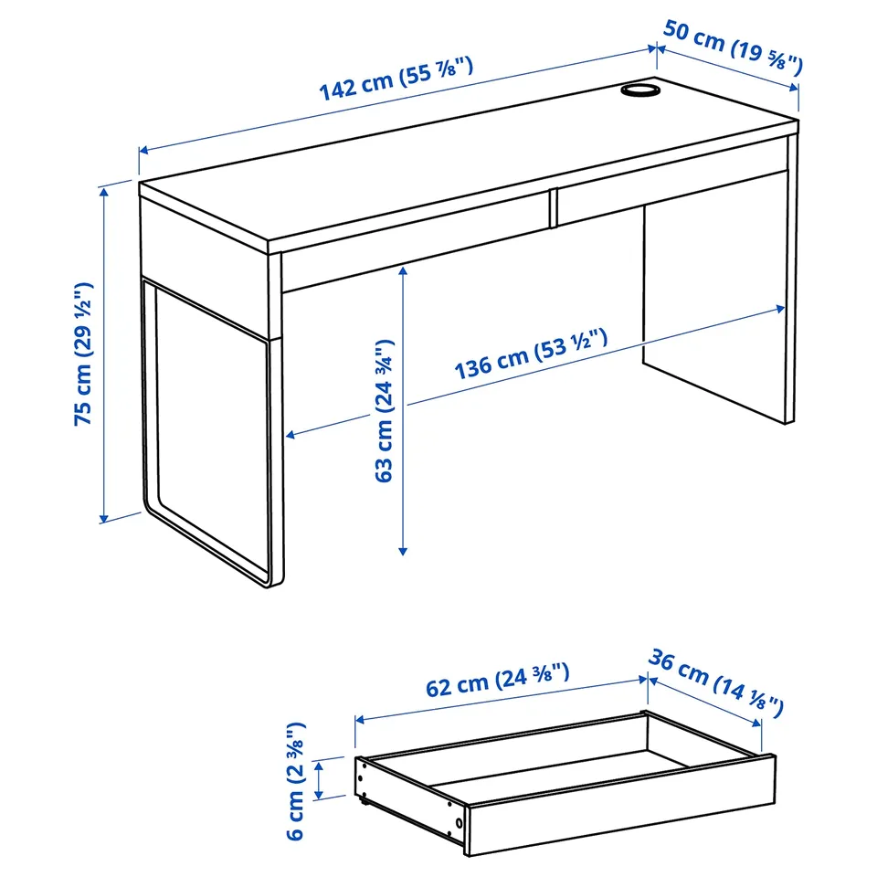 MICKE Desk, black-brown, 142x50 cm