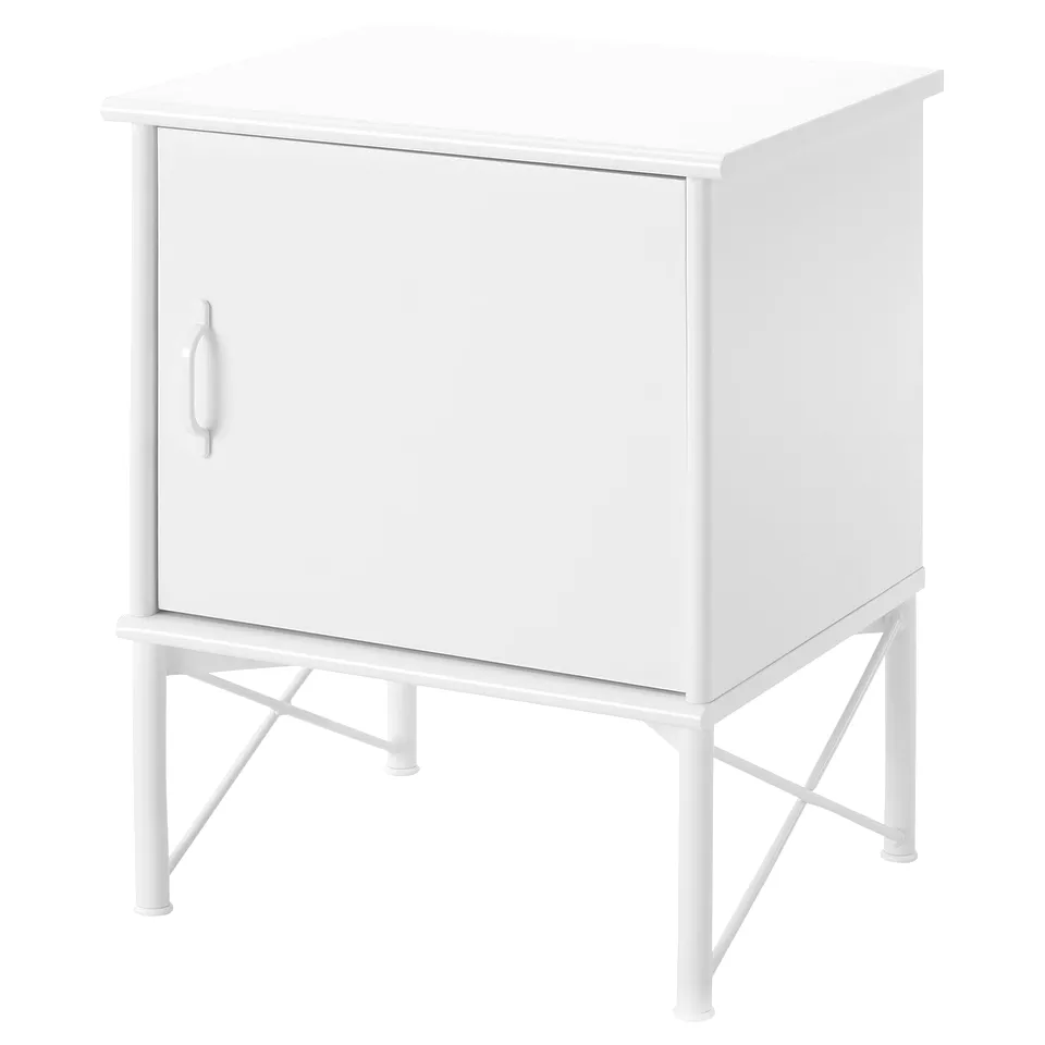 MUSKEN white bedside table with single door, white metal legs, simple, compact design.