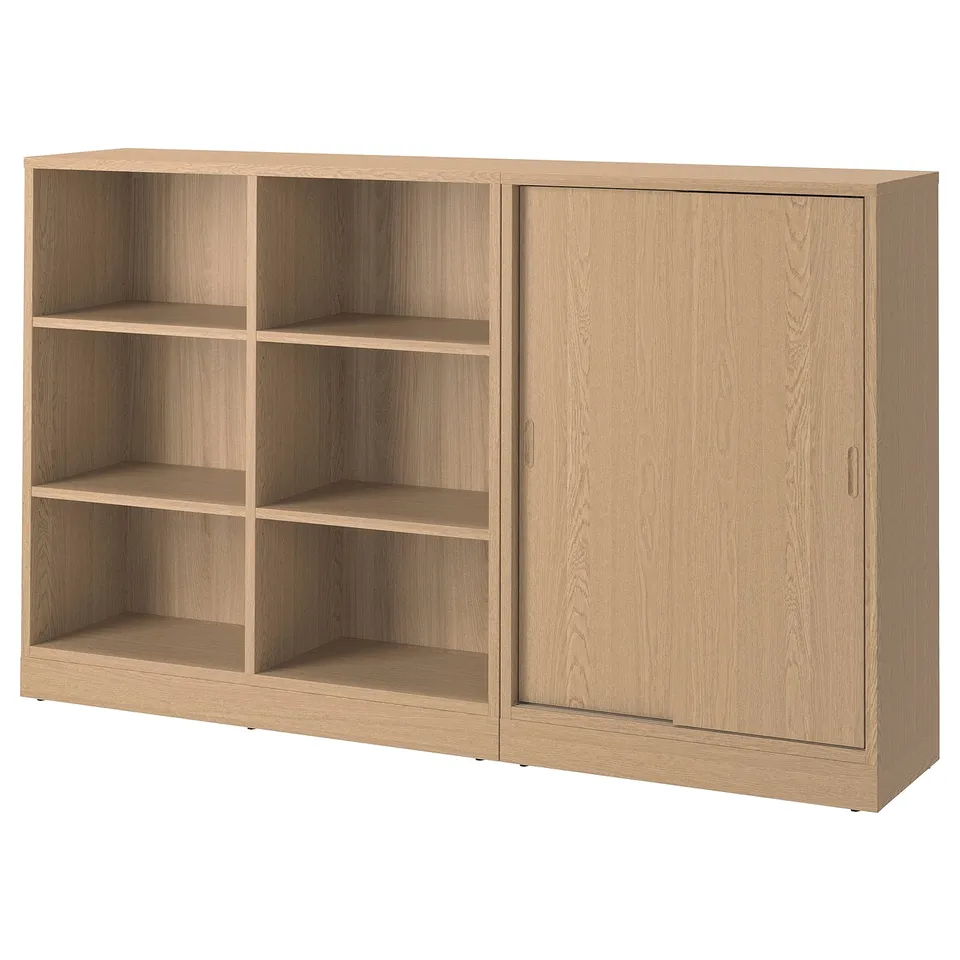 Oak TONSTAD storage unit with open/closed sections, adjustable shelves & sleek sliding door.