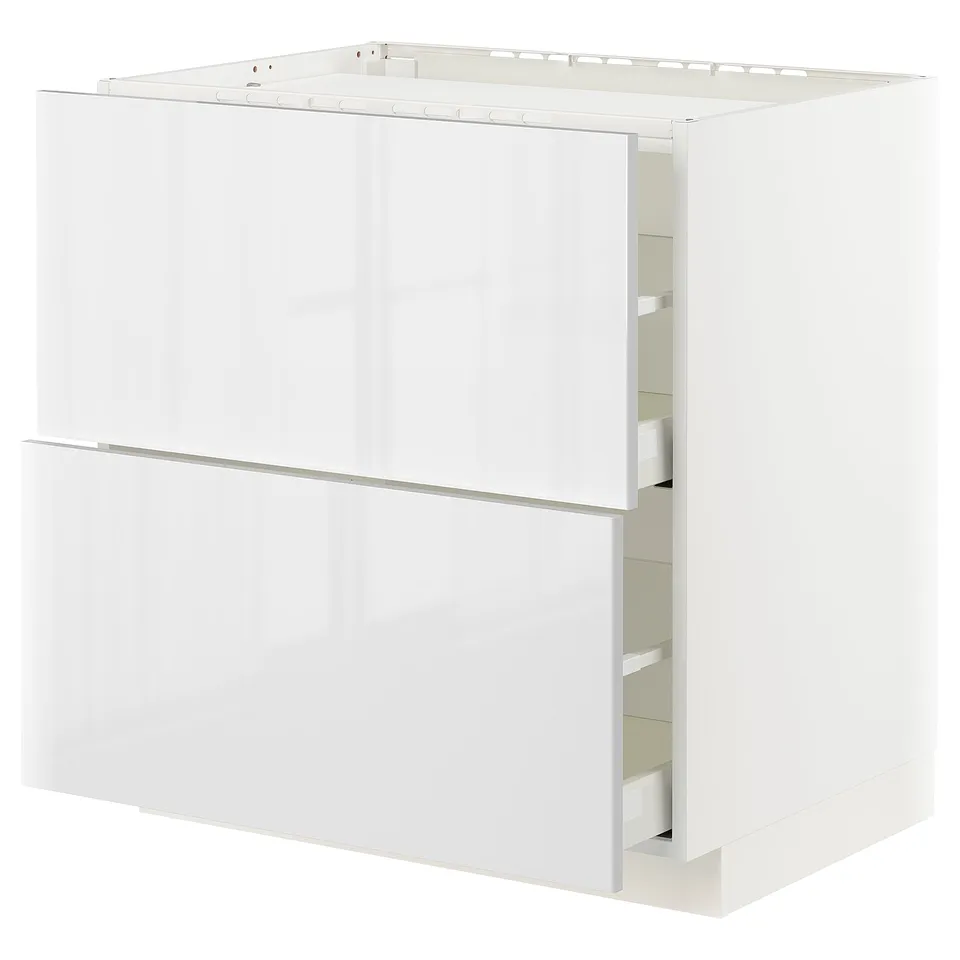 Displays a white METOD kitchen cabinet with a glossy finish, rectangular shape, and two drawers.