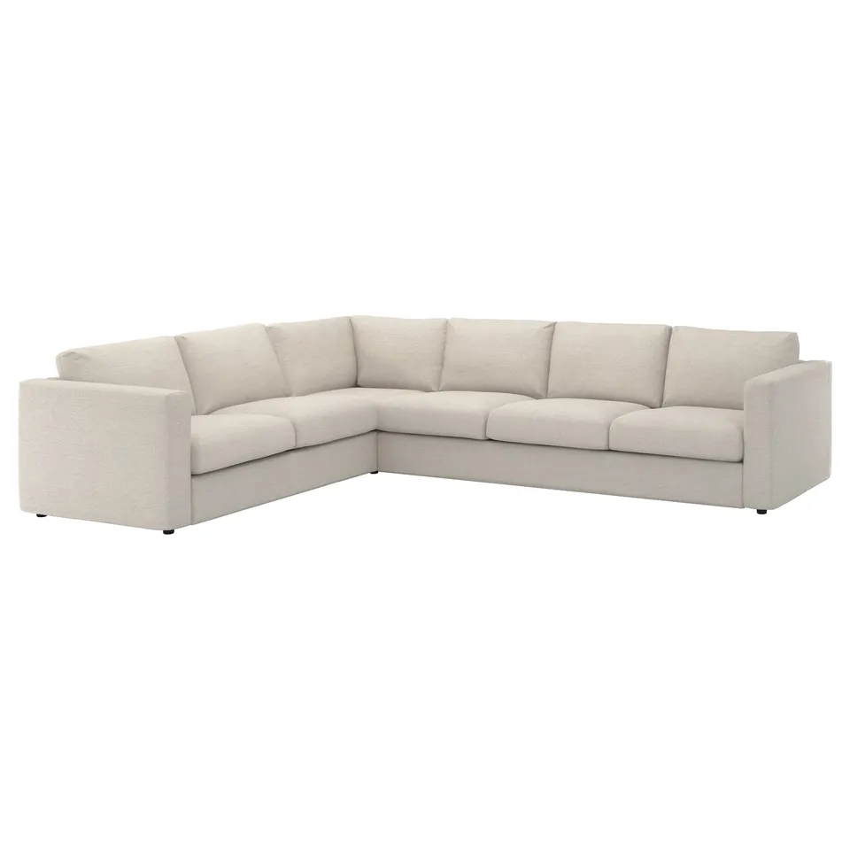 VIMLE sectional sofa, beige, boxy shape, fabric-covered, corner design, sustainable materials.