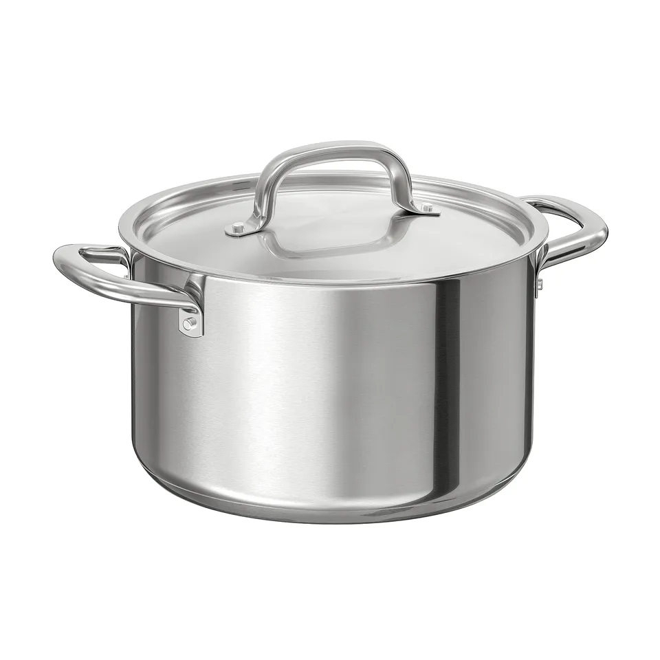Polished silver IKEA 365+ stockpot, round, stainless steel, two loops, sleek design.