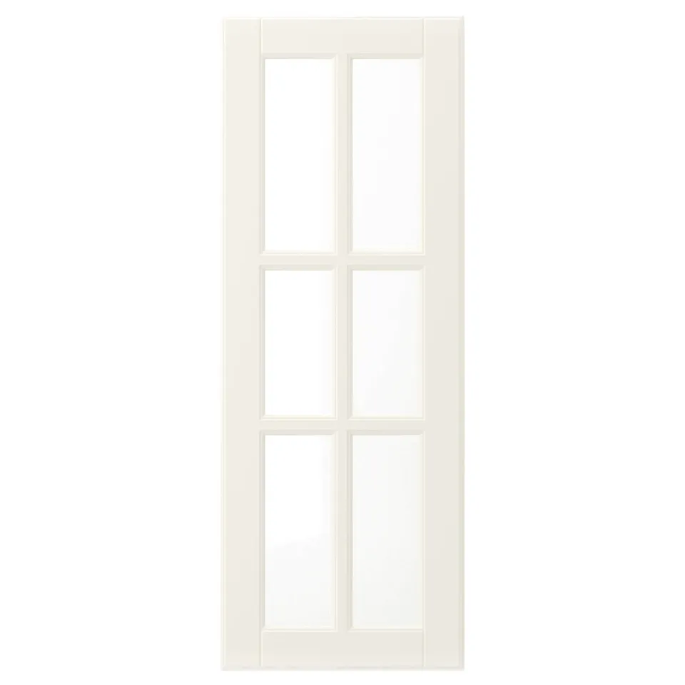 A BODBYN door with off-white bevelled glass panels; sleek design.