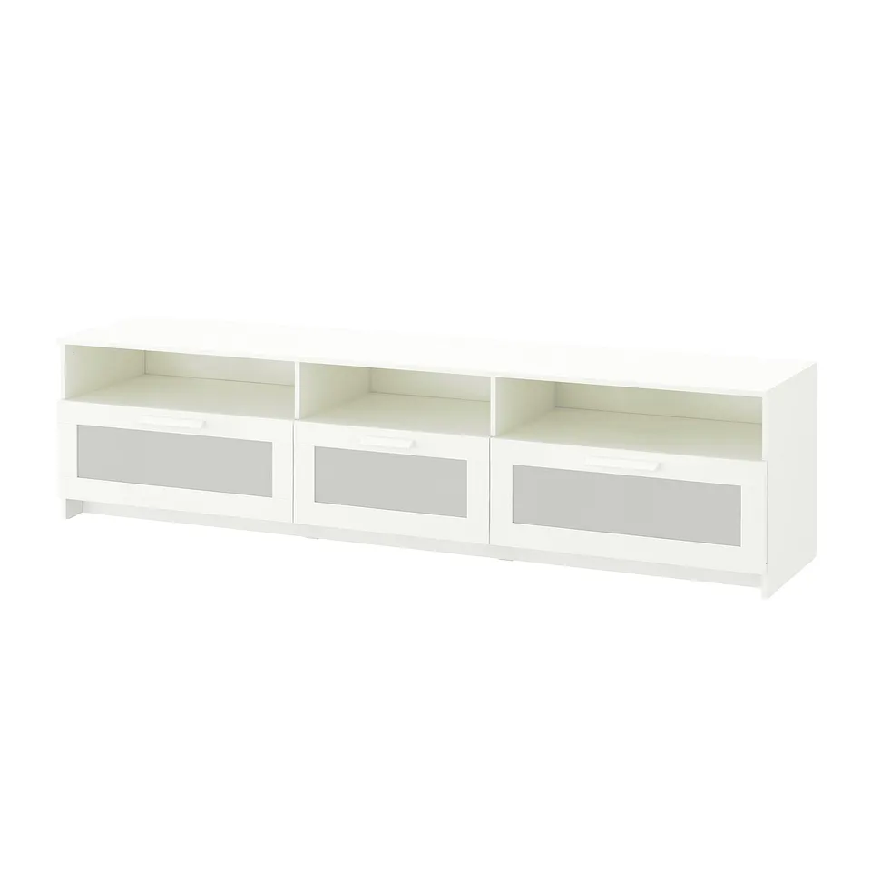 A white BRIMNES tv bench with glass doors and open shelves, ideal for organising tv accessories.