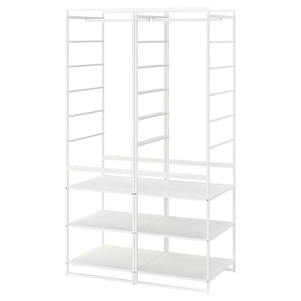 A white JONAXEL storage system with shelves and hanging rails, ideal for organising clothes and accessories.