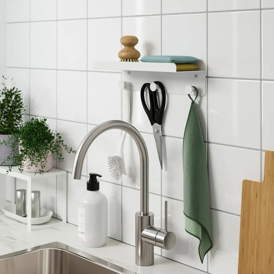 ENUDDEN Wall shelf with 3 hooks, white, 30x8 cm