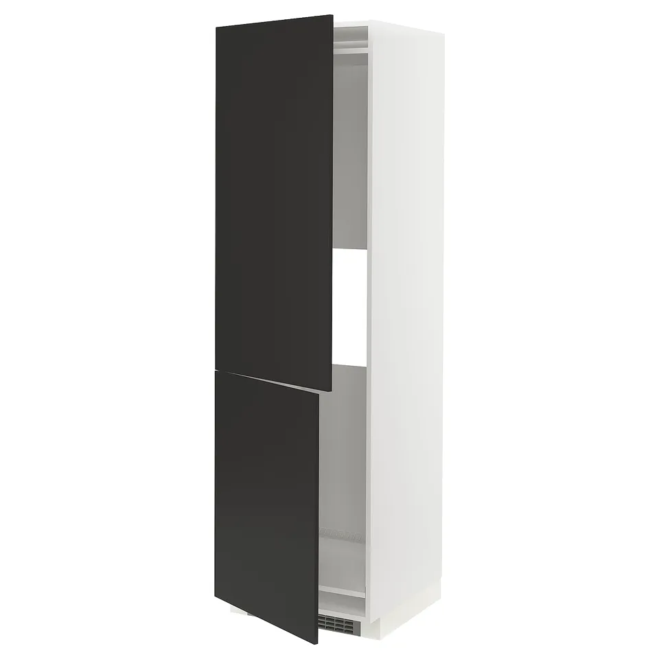 Displays a black and white METOD kitchen cabinet with a sleek, modern design. It snap-on hinges, adjustable shelves, and a sturdy frame construction.