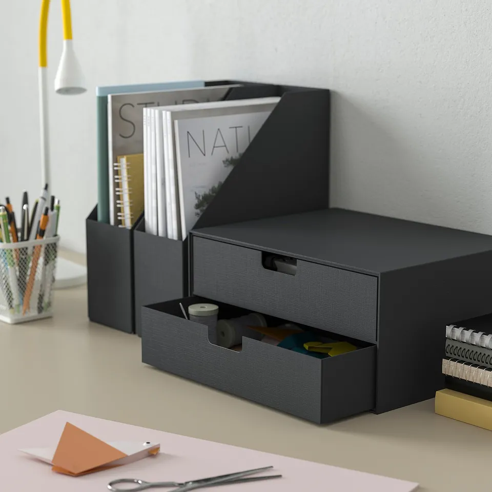 FJÄDERHARV black mini chest with 2 drawers for stationery, office or bookshelf.