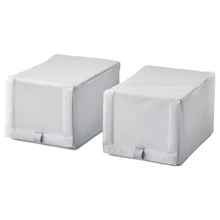 HEMMAFIXARE shoe box, fabric striped/white/grey, 23x34x19 cm