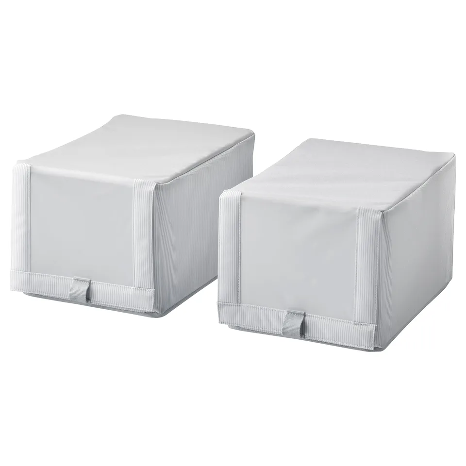 Two white fabric-covered shoe boxes with transparent windows, designed for stacking and organising.