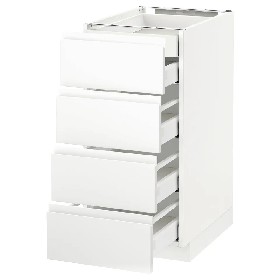 A white METOD kitchen cabinet with multiple drawers in a clean, minimalist design.