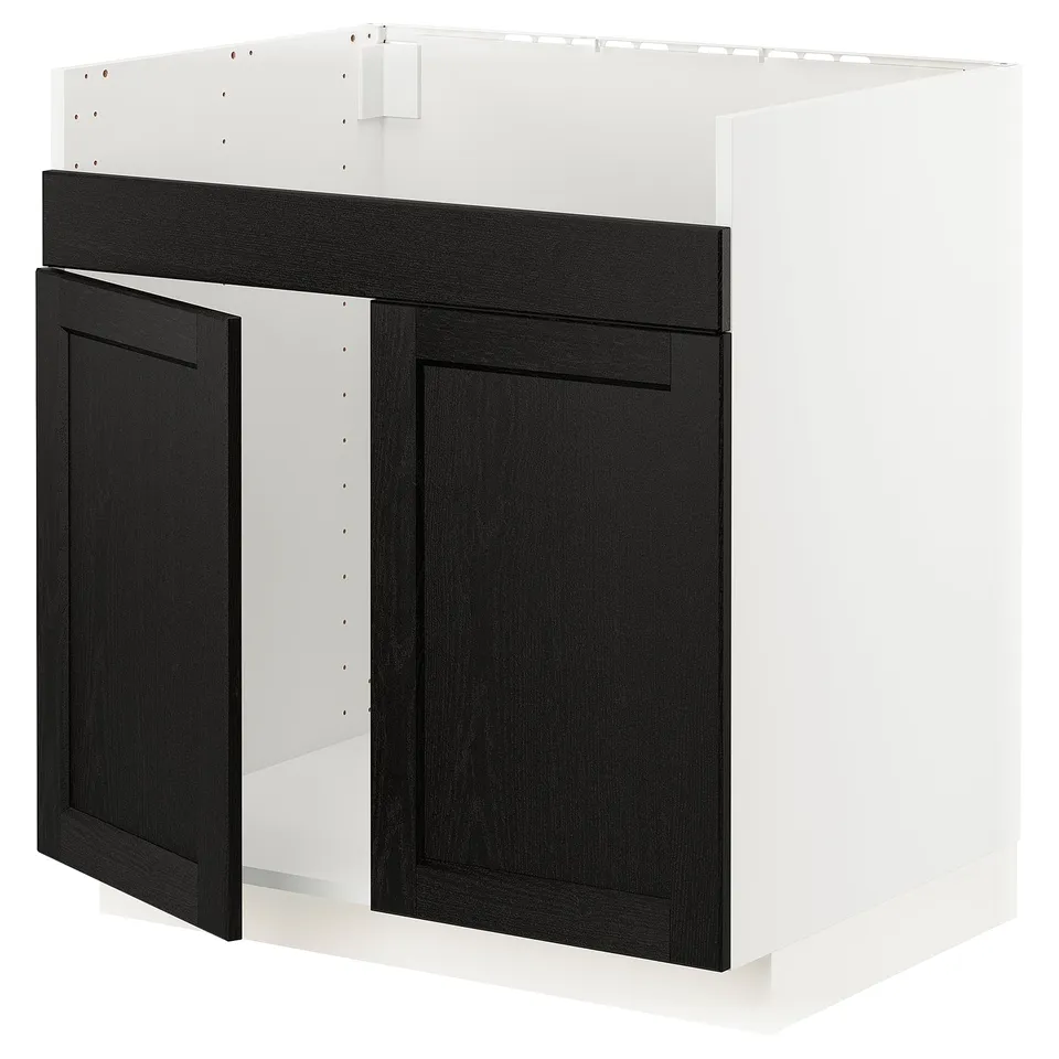 Modern black kitchen cabinet with white frame, bevelled edges, sturdy wood.