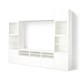BESTÅ TV storage combination/glass doors, white/Lappviken white clear glass, 300x42x231 cm