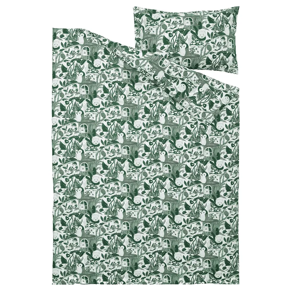 SKOGSDUVA duvet cover and pillowcase, green, cotton/viscose, square shape, hedgehog & friends print.