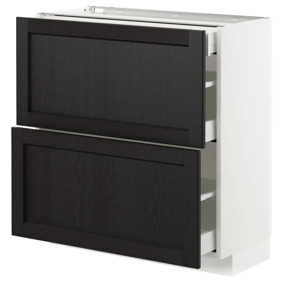 White ikea METOD kitchen cabinet with black stained doors and beveled edges, two modern drawers.