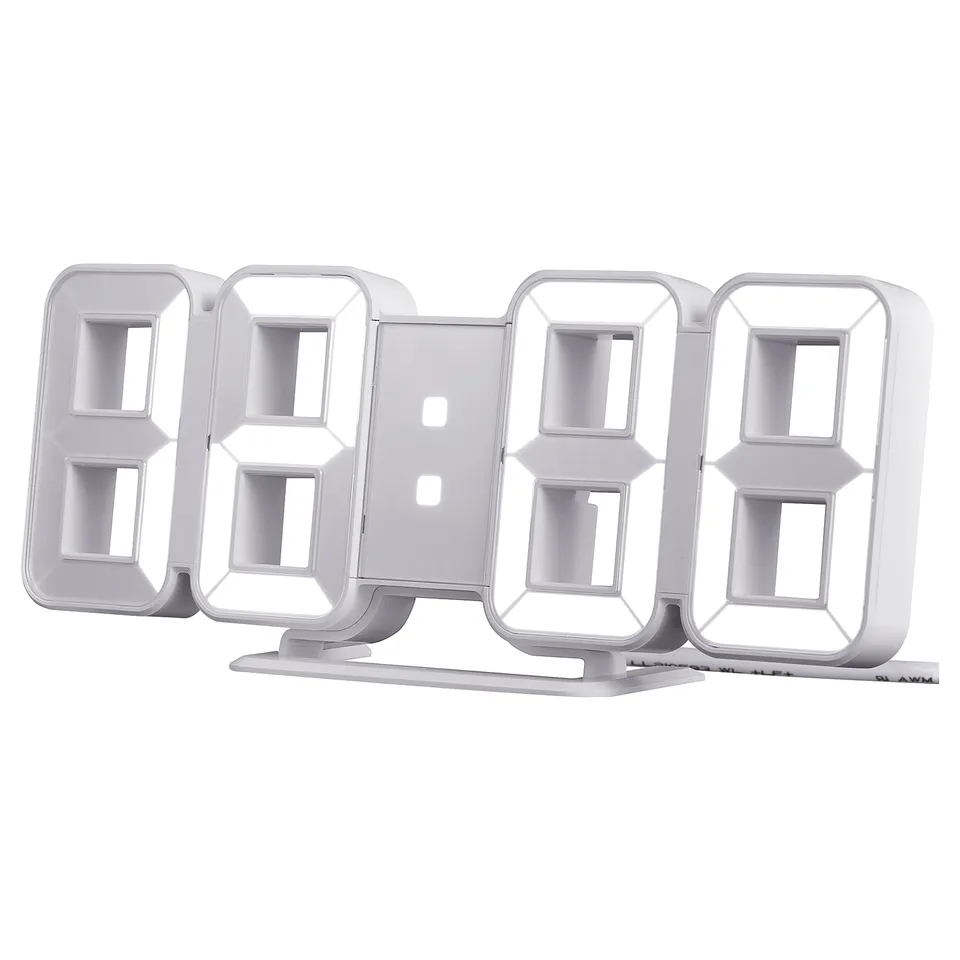 Modern white alarm clock with large clear digits, adjustable brightness, usb powered, and sleek rectangular shape.