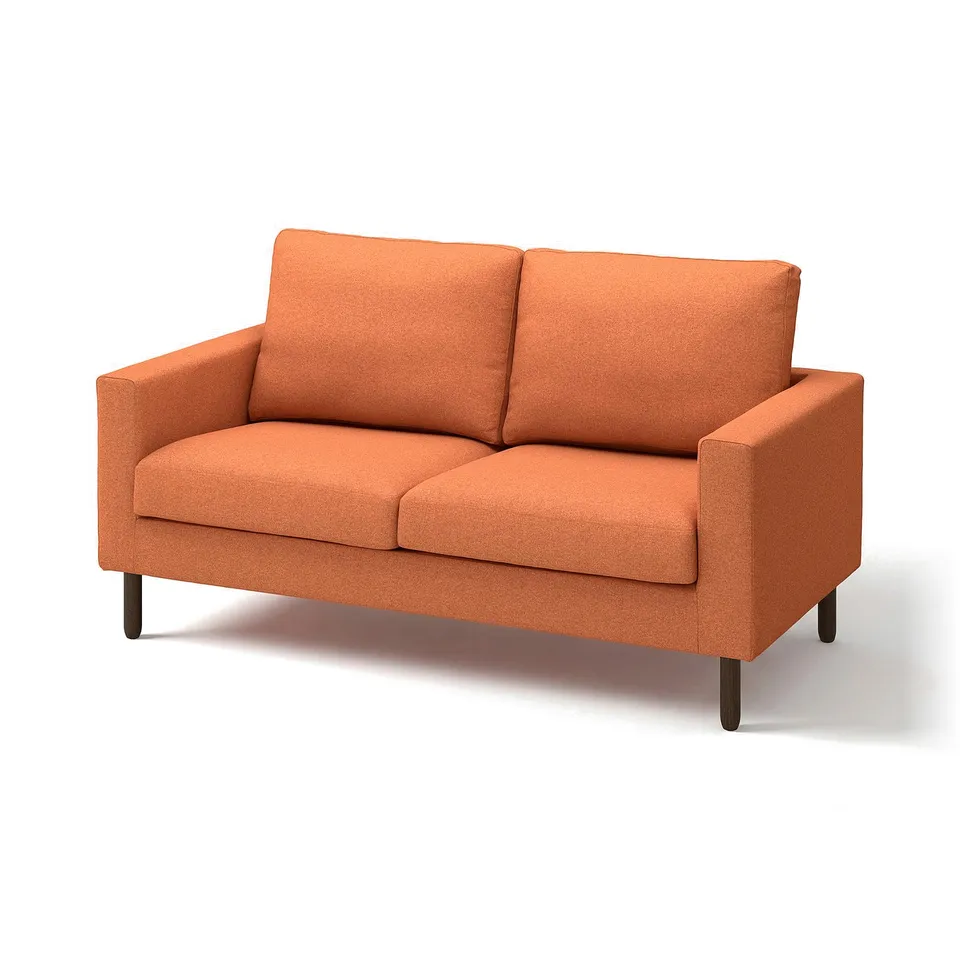 Orange upholstered loveseat with modern, clean design. Soft, supportive cushions. Wooden legs.