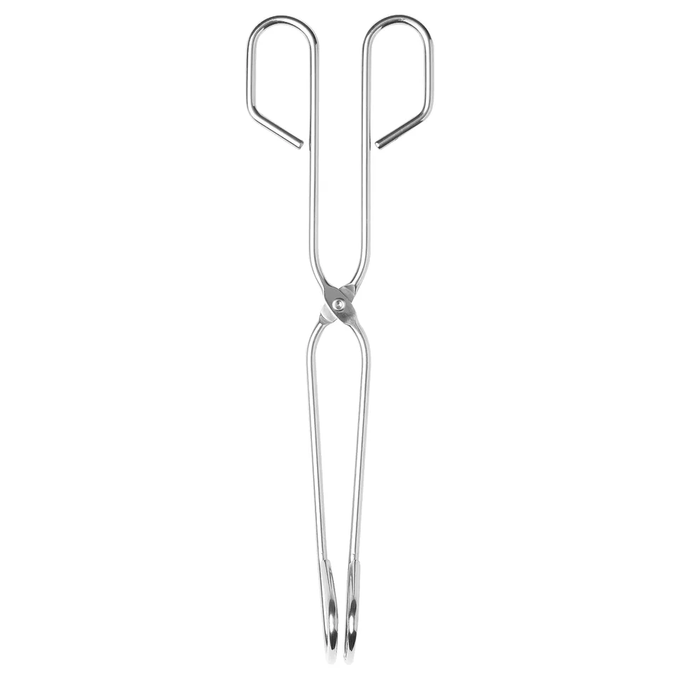 Stainless steel kitchen tongs; sturdy design for gripping food.