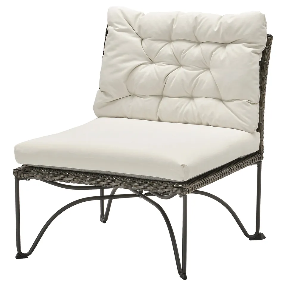 The JUTHOLMEN outdoor chair in grey with beige cushions; sleek wicker design.