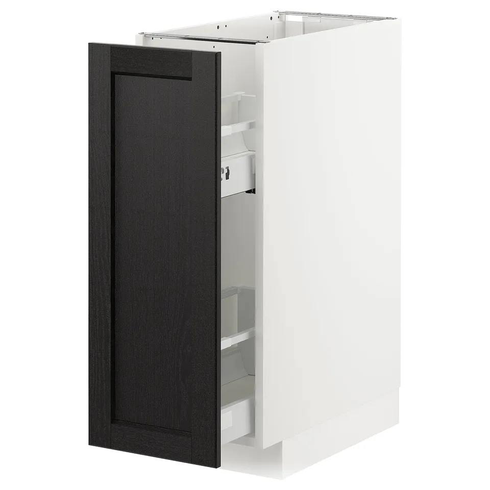 Modern black and white kitchen cabinet, rectangular, with pull-out drawers, wooden finish, sleek design.