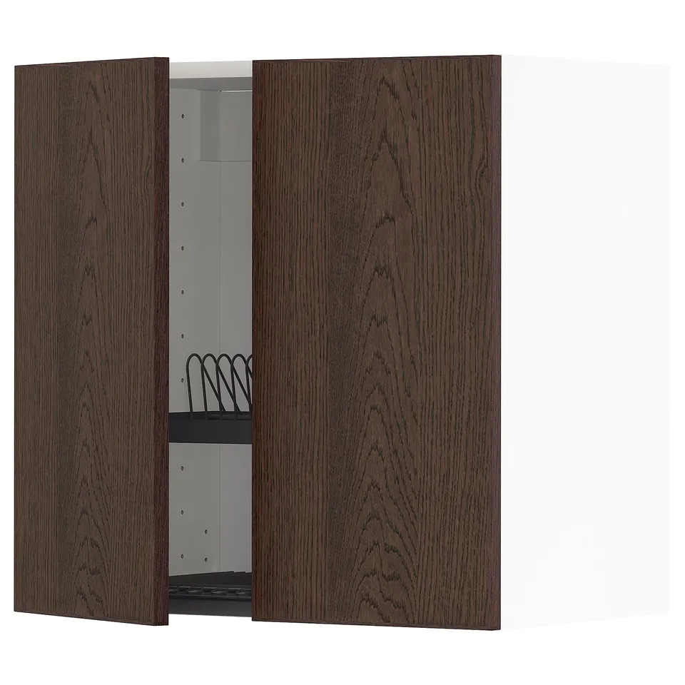 Dark wood cabinet with one open door revealing adjustable shelves and a wire rack, part of the METOD kitchen system.