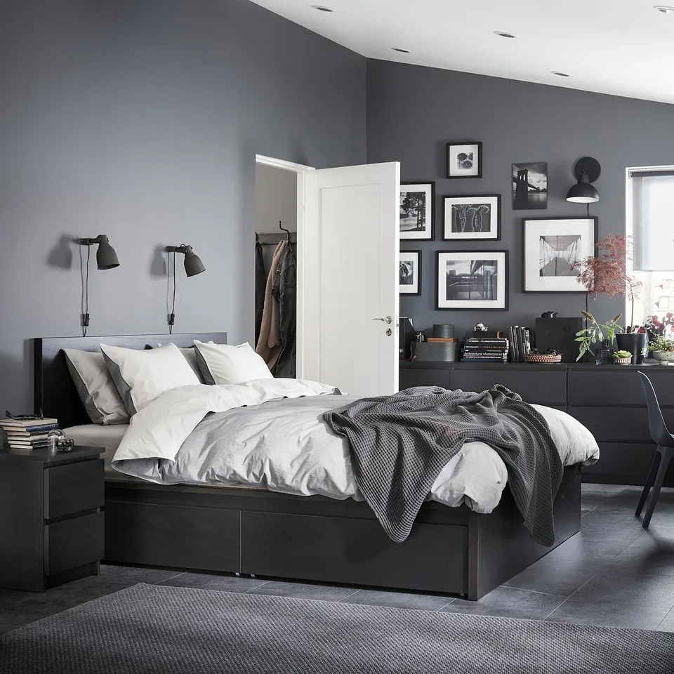 part: MALM bed frame, high, w 4 storage boxes
