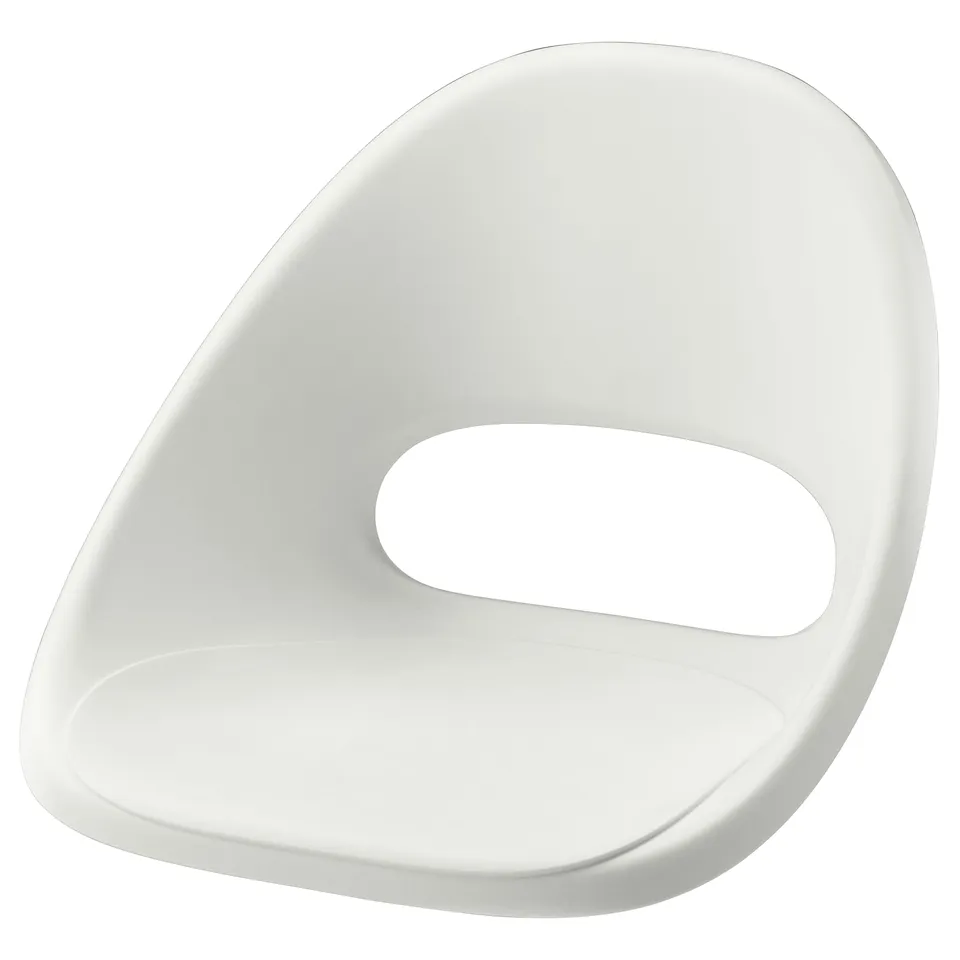 A white plastic chair with a unique shape. It is modern and minimalistic, designed by LOBERGET.