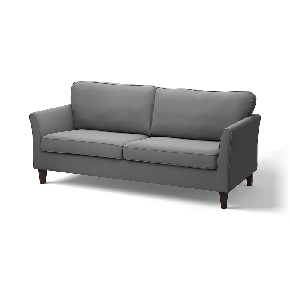 A grey EKHOLMA sofa with a smooth, removable cover, wooden legs, and a simple, inviting design.