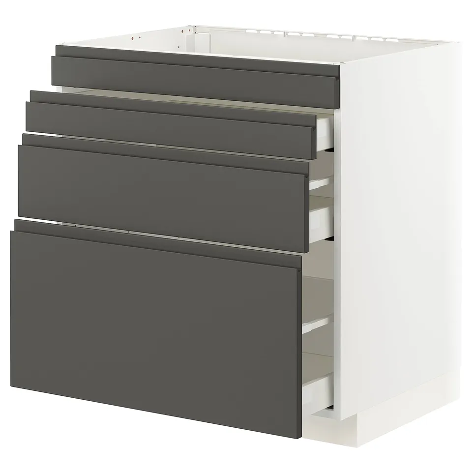 Modern kitchen cabinet with dark grey drawers and white frame, featuring a sleek design with integrated handles.